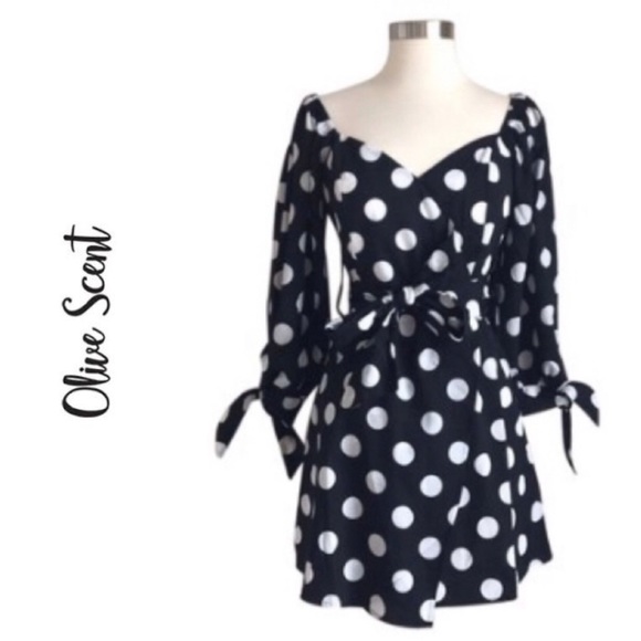 off the shoulder long sleeve polka dot dress - Picture 1 of 8
